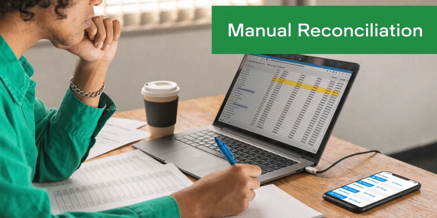 A person in a green shirt works on manual accounting reconciliation with a laptop and smartphone.
