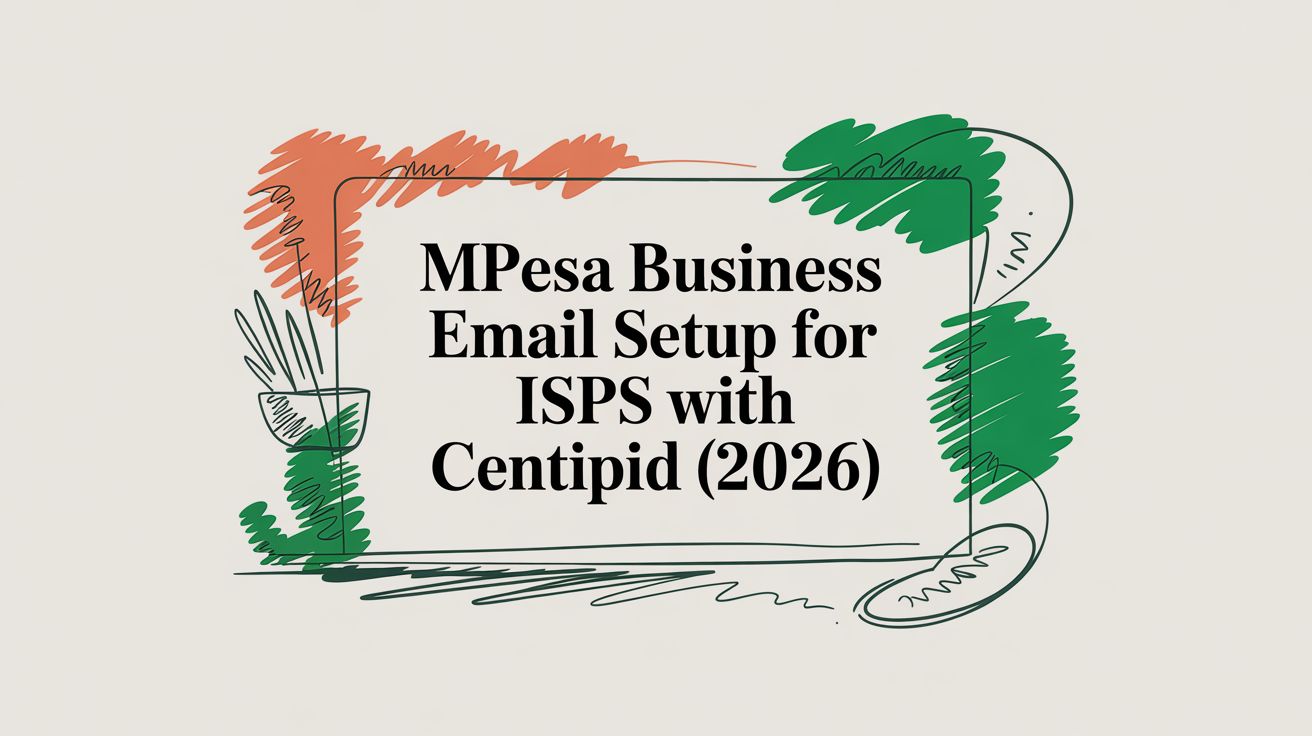 Title card reading “MPesa Business Email Setup for ISPS with Centipid (2026)” framed by hand-drawn green and orange scribbles and a sketched plant.