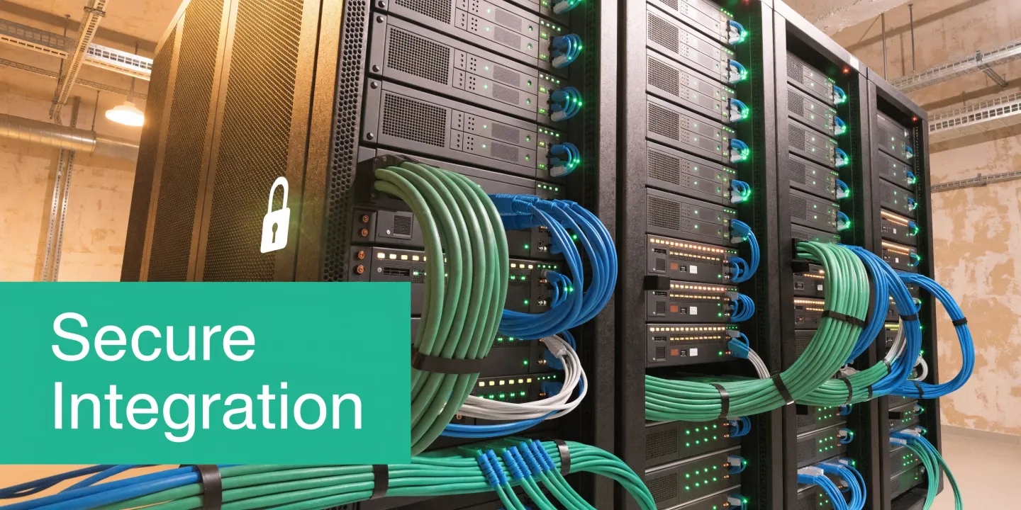 A secure server room with high-speed network cables connected to black rack-mounted servers for data integration.