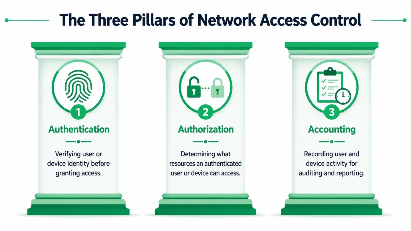 A diagram illustrating the three pillars of network access control: authentication, authorization, and accounting with icons.