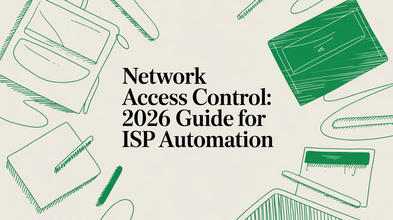Title card reading “Network Access Control: 2026 Guide for ISP Automation” among hand-drawn green sketches of laptops and devices.