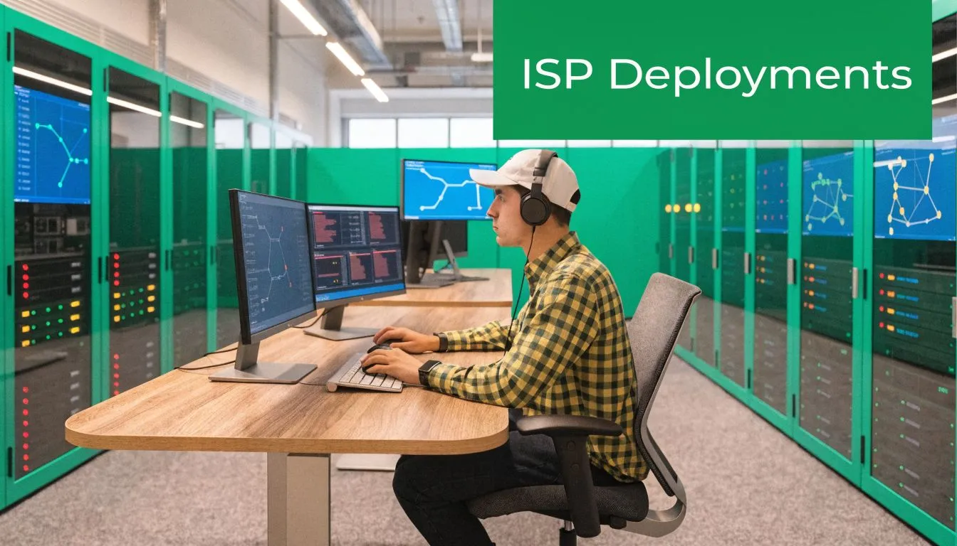 A technician wearing a headset works on server network configurations in a high tech data center environment.