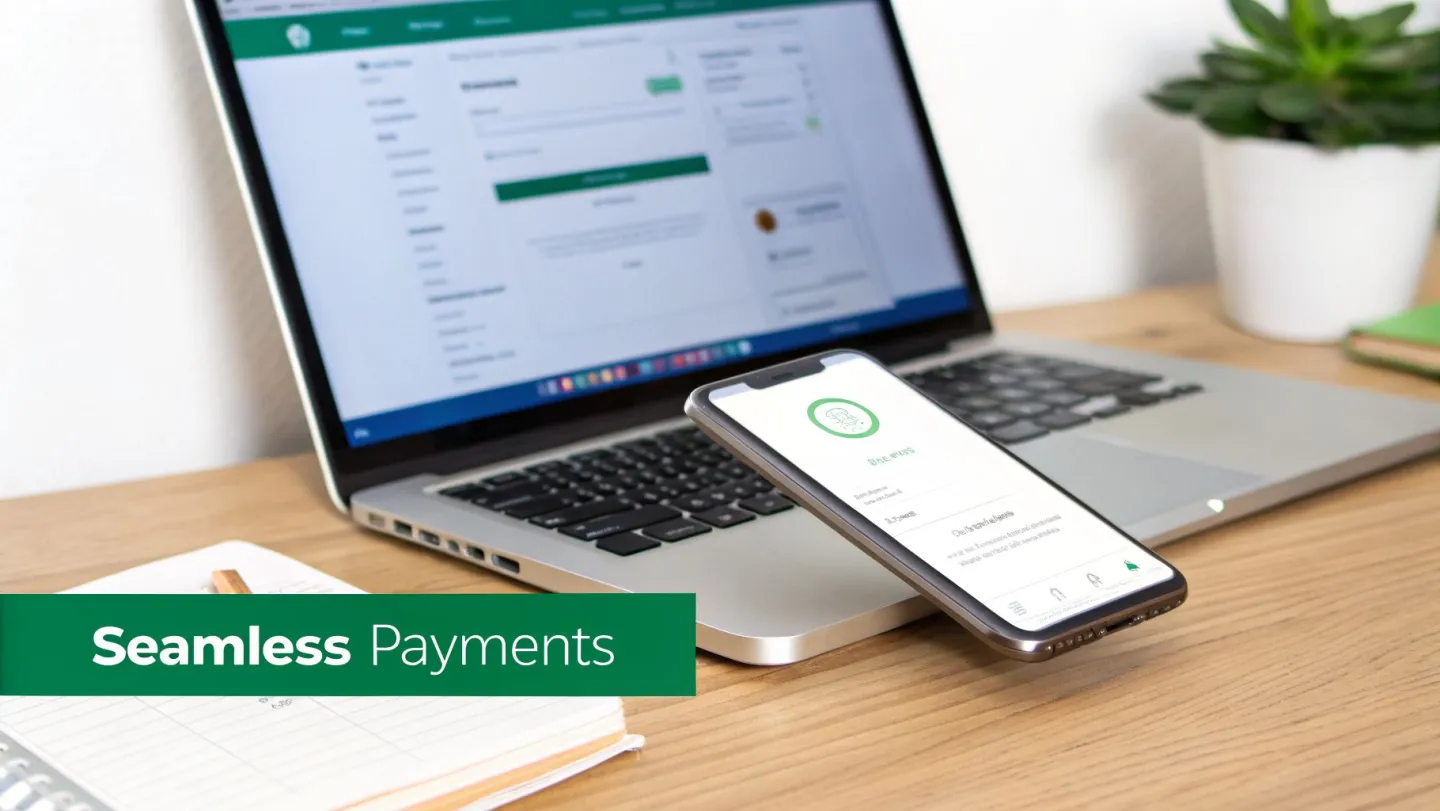 A laptop and smartphone on a wooden desk showing payment interfaces for seamless transactions.