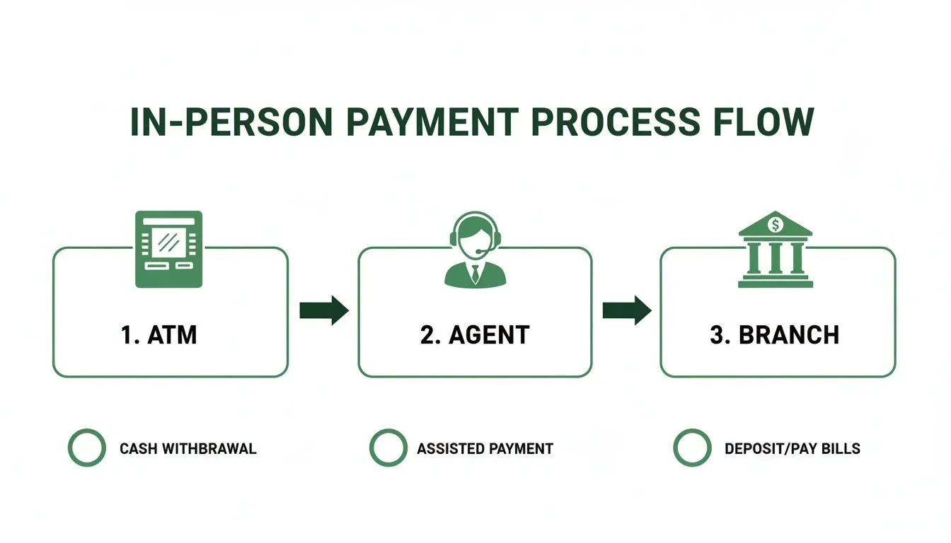 Flowchart detailing the in-person payment process: ATM for cash withdrawal, Agent for assisted payment, and Branch for deposits/bill payments.