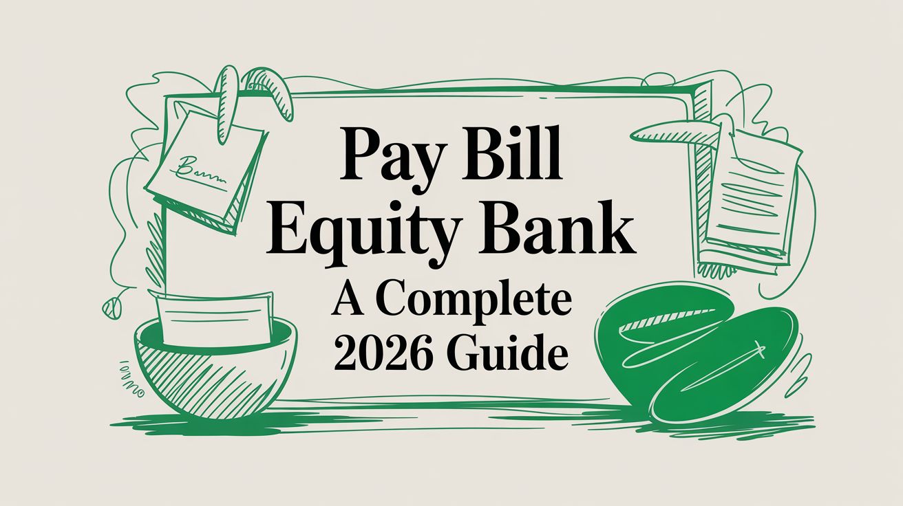Title card reading “Pay Bill Equity Bank: A Complete 2026 Guide” beside hand-drawn green sketches of a cup, a receipt and papers.