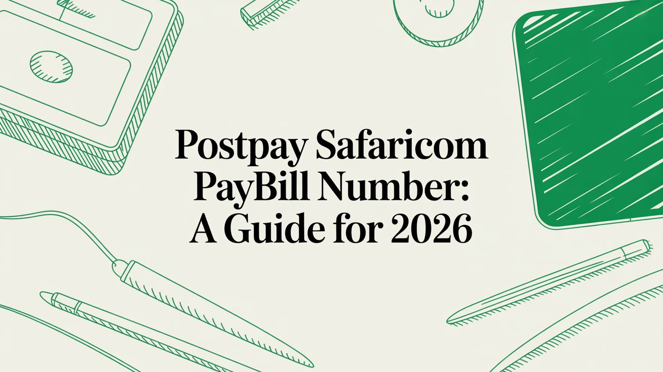 Title card reading “Postpay Safaricom PayBill Number: A Guide for 2026” among hand-drawn green sketches of a phone, pens and a notebook.