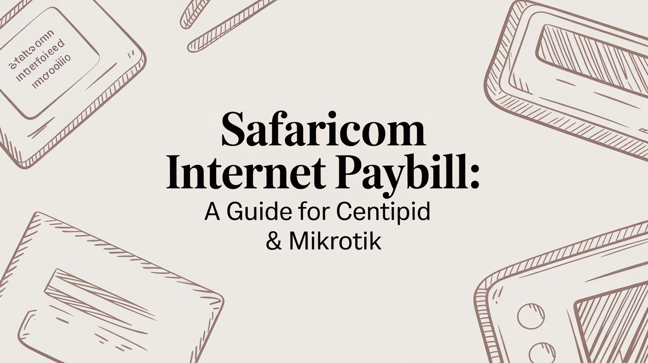 Title card reading “Safaricom Internet Paybill: A Guide for Centipid & Mikrotik” among faint sketched outlines of routers and phones.