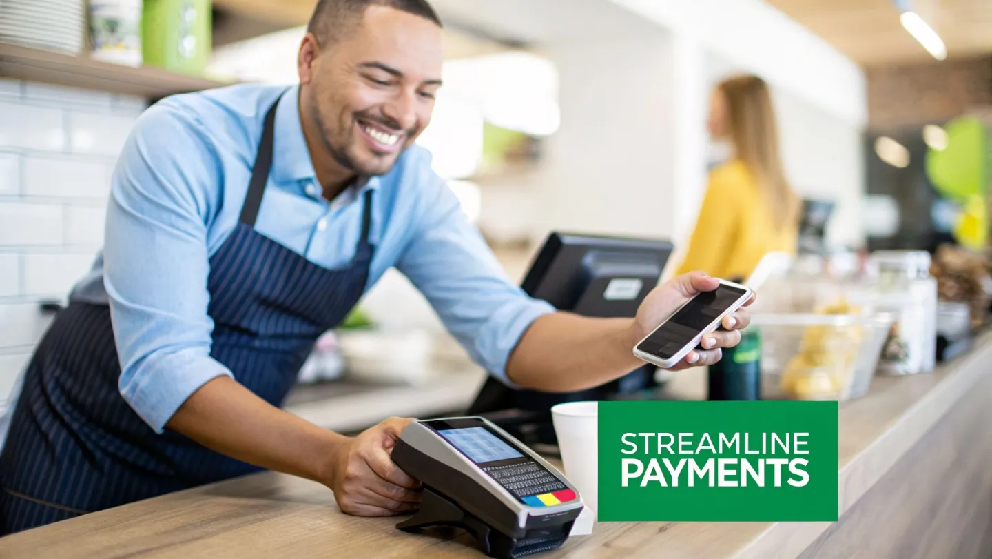 Smiling barista assisting customer with contactless mobile payment at a cafe counter.