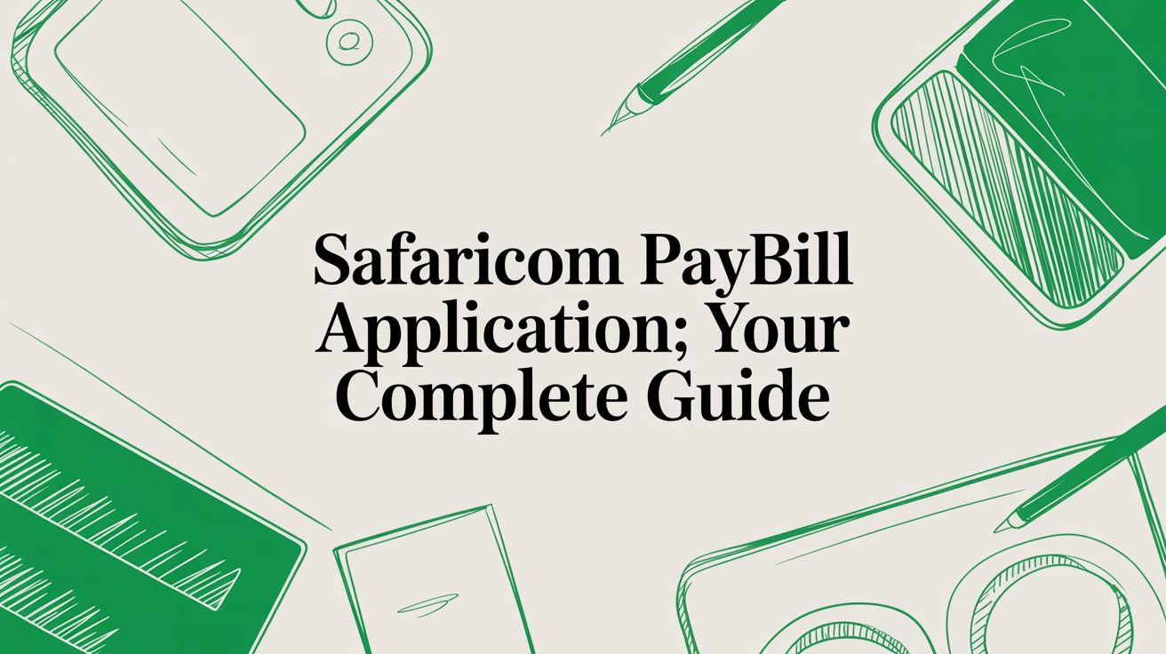 Title card reading “Safaricom PayBill Application; Your Complete Guide” among hand-drawn green sketches of a phone, a pen and brush marks.