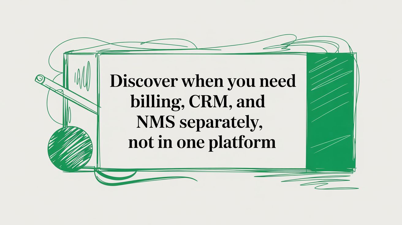 Title card reading “Discover when you need billing, CRM, and NMS separately, not in one platform” on a hand-drawn green sketch of a panel.