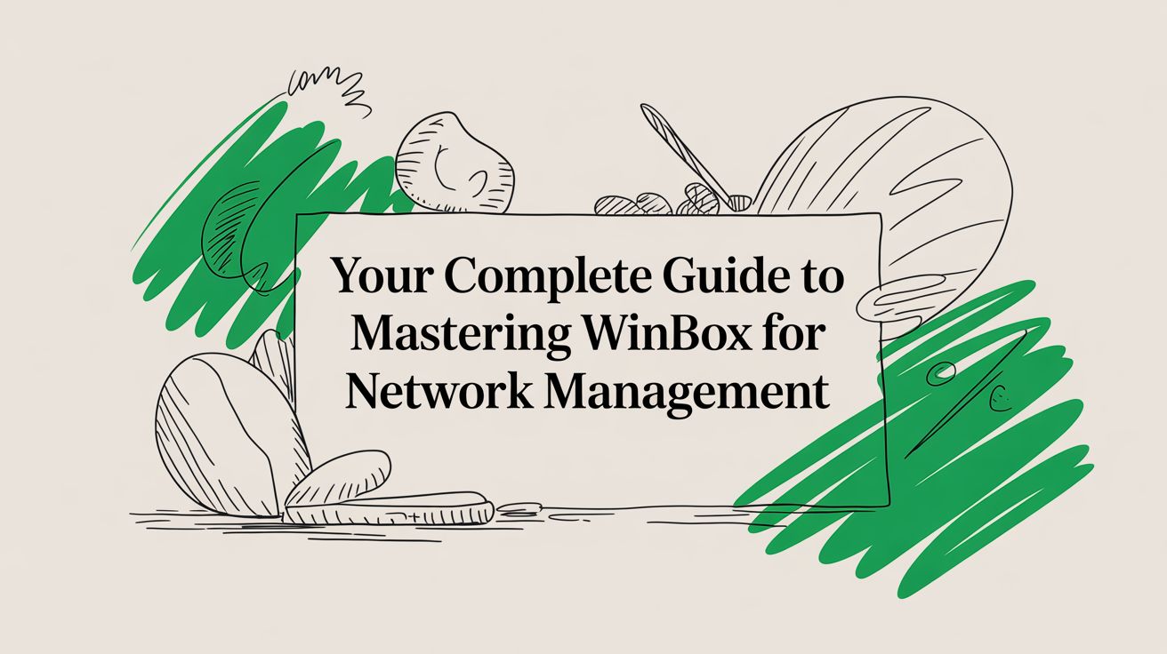 Title card reading “Your Complete Guide to Mastering WinBox for Network Management” among hand-drawn sketches of stones and green brush marks.