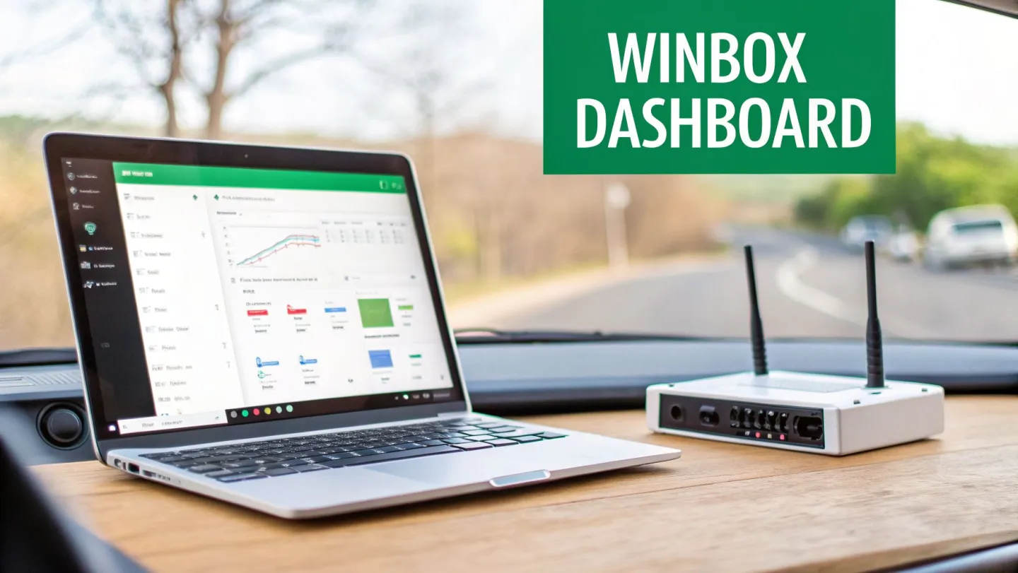 A laptop displays a Winbox dashboard interface next to a white networking device in a car.